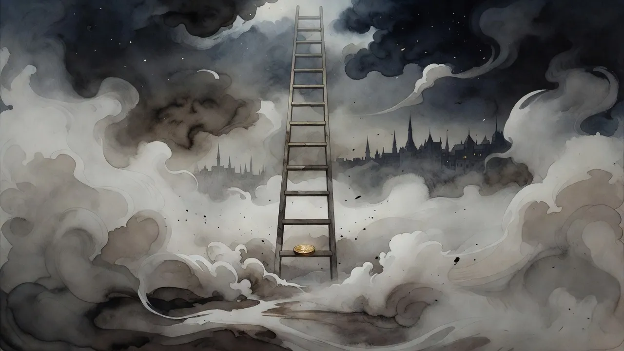 A plain wooden ladder rises out of night mist into dark cloud, a brass coin resting on one of its lower rungs and the spires of a city faint below.