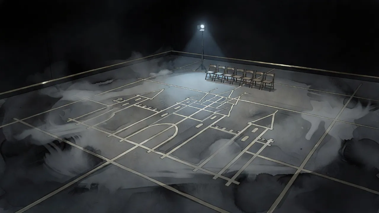 An empty soundstage seen from above, the outline of a spired keep marked in tape on its bare concrete floor beside one work-light and a row of empty chairs.