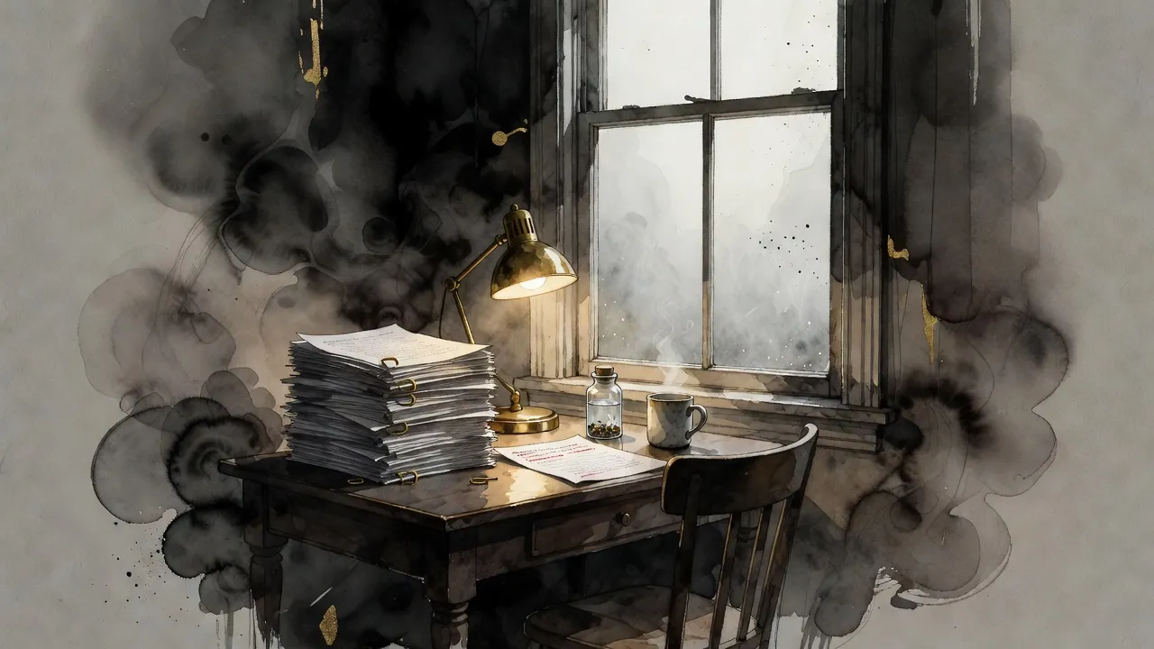 A writer’s desk at night under a brass lamp, a tall stack of screenplay pages held with brass fasteners, a small vial of metal flakes, and white mist pressed against the window.