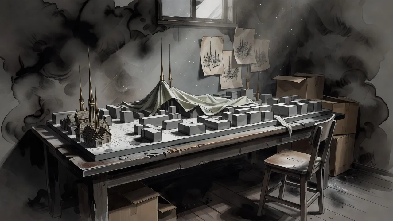 A half-built grey scale model of a spired city on a workbench, partly covered by a dust sheet, with sketches of rooftops pinned on the wall behind.