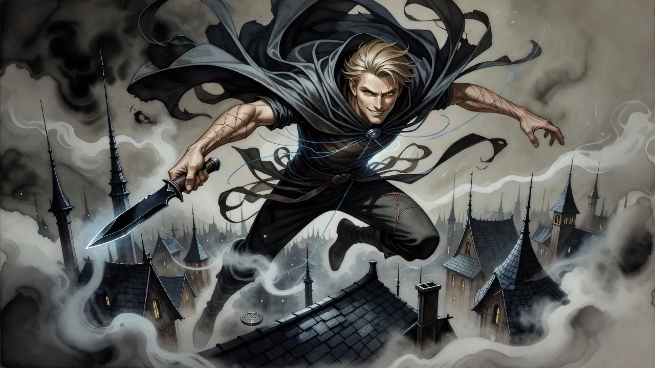 A blond man in a cloak of long cloth strips leaps high over misty rooftops at night, a glass dagger in his hand, a glowing blue line running down to a coin below.