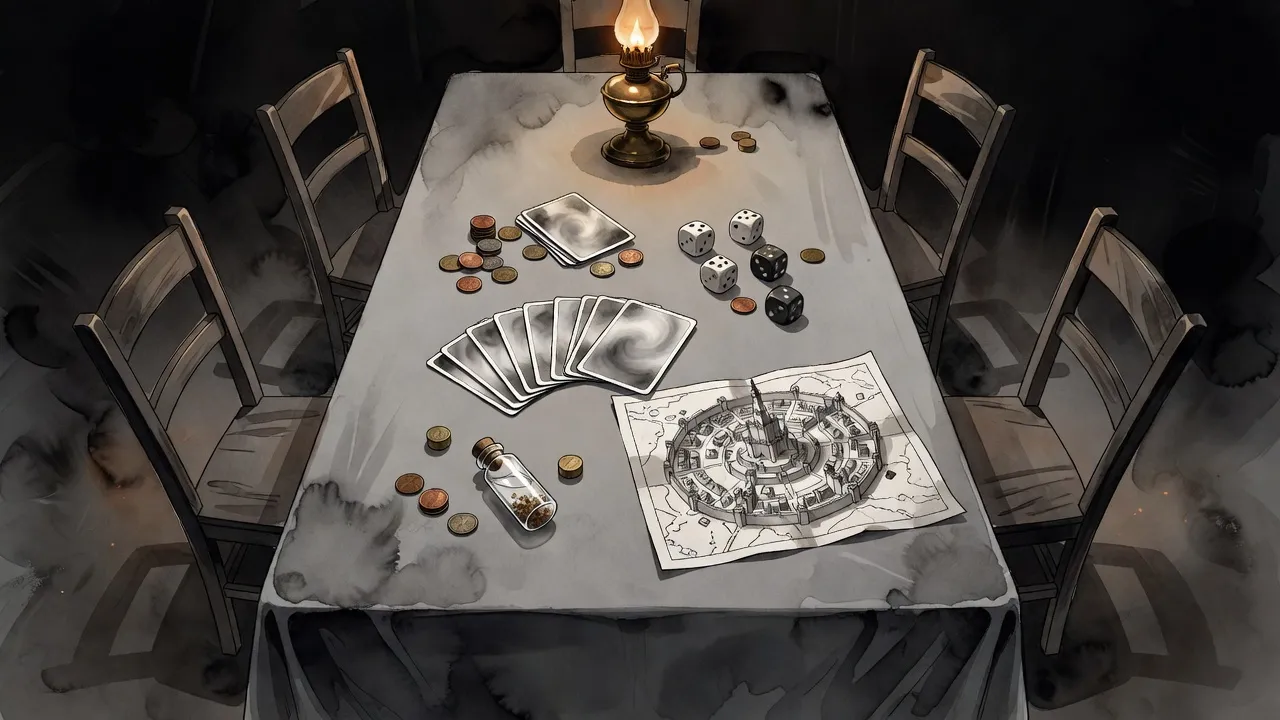 A lamplit table strewn with cards, copper and brass coins, dice, a small vial of metal flakes and an inked map of a ringed city with a keep at its centre.