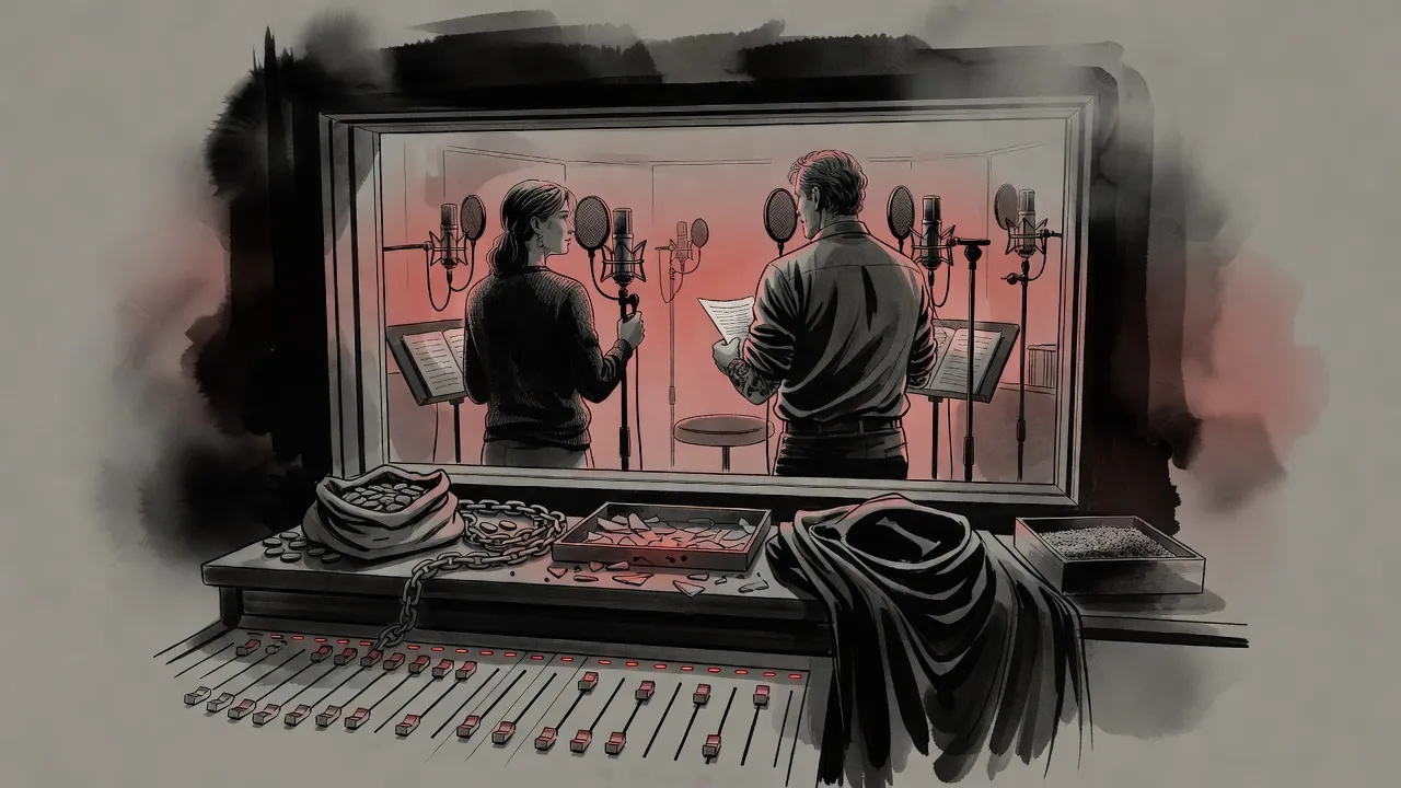 Through a control-room window, two performers stand at microphones with their backs turned beside a table of sound-effect props: coins, chain, broken glass and a cloak.