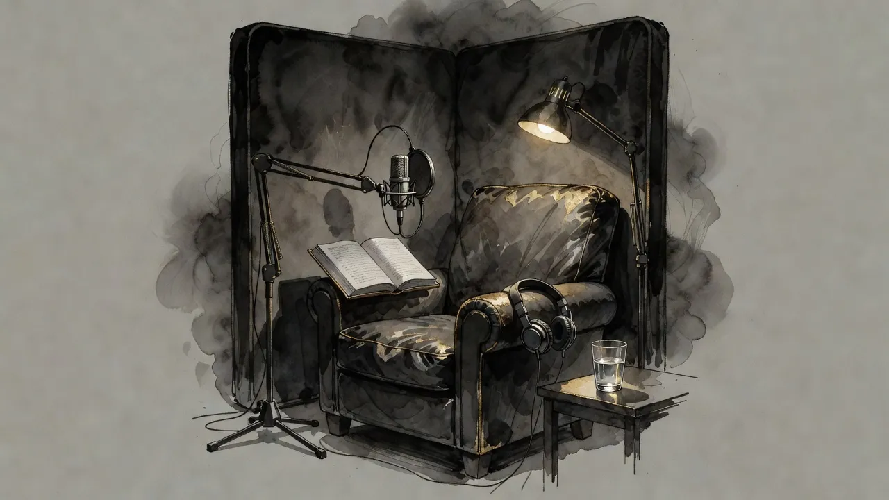 An empty leather armchair in a small recording booth, a microphone angled toward it, an open book on a stand and a glass of water under a gold lamp.