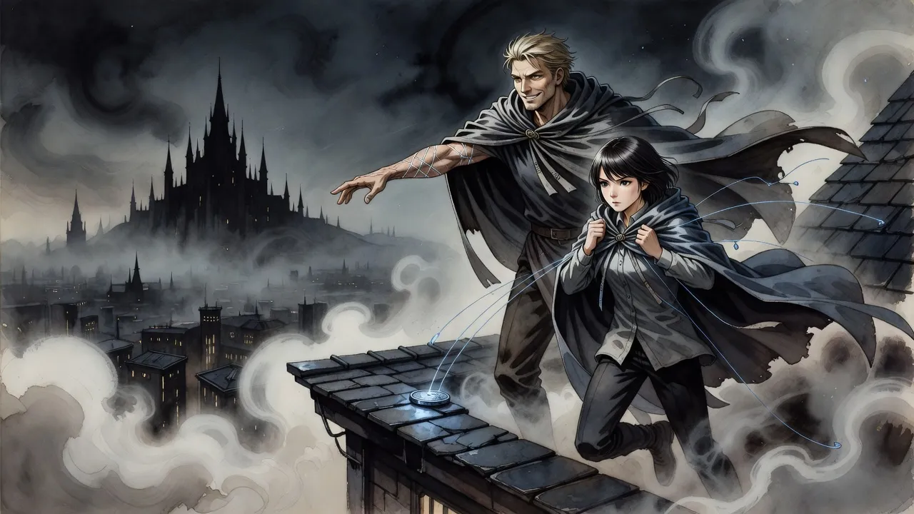 Kelsier and Vin, both in mistcloaks of long grey strips, on a misty rooftop above a dark city at night, the palace spires behind them.