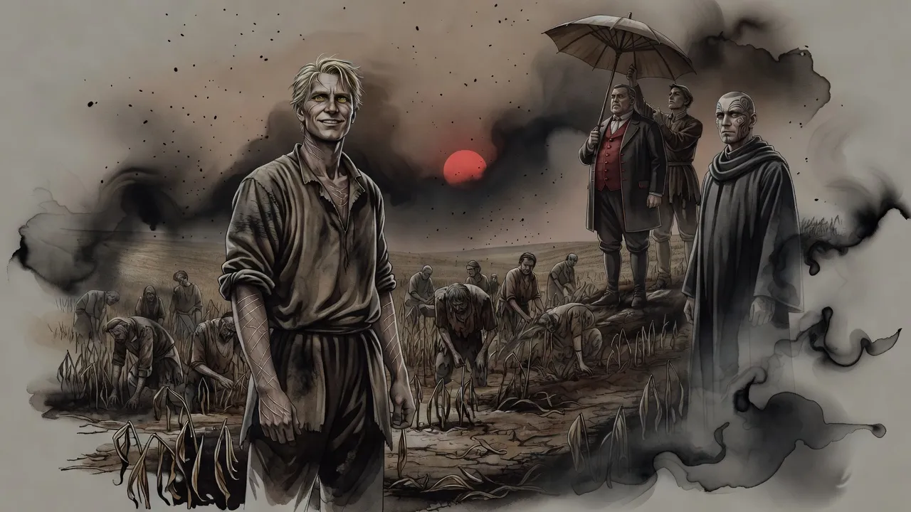At midday under falling ash, skaa workers bend over brown crops while one straight-backed man among them looks up and smiles at a startled nobleman standing under a parasol beside a grey-robed priest.