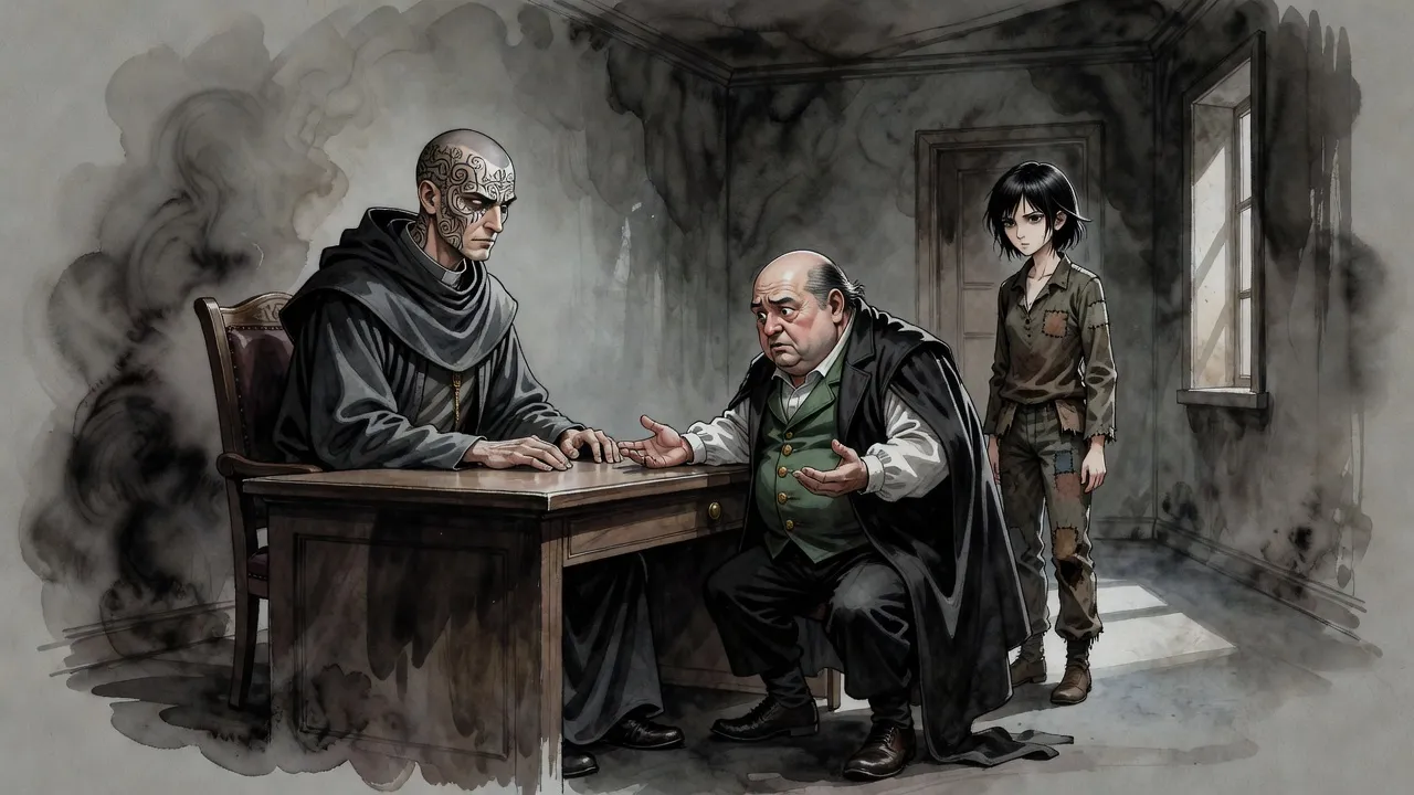 In a bare stone office a lean, tattooed, shaven-headed priest behind a desk studies a pudgy man in a green vest who pleads with him, while a thin teenage girl stands by the door, staring at the priest in concentration.