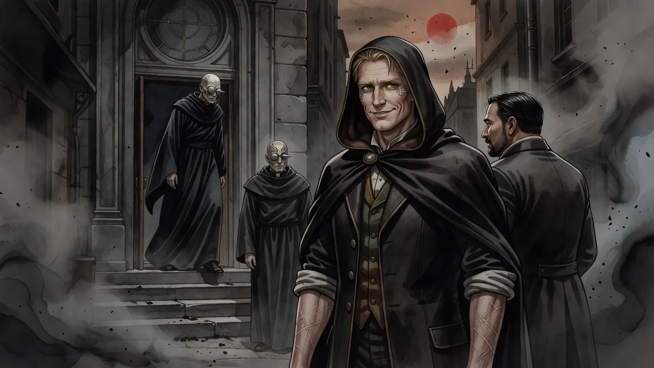 Under falling ash, two men in gentlemen’s coats stand at the mouth of an alley watching a tall bald man in dark robes, discs of steel in his eye sockets, come down the steps of a stone building across the street.