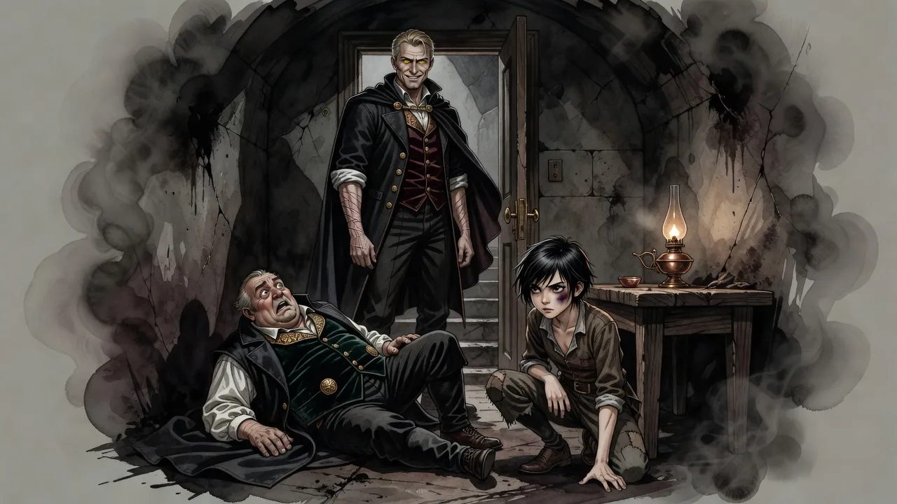 In a cramped, smoky den a tall blond man in a gentleman’s coat stands smiling in the doorway, a stout man sprawls on the floor, and a bruised teenage girl crouches beside a table looking up at the newcomer.