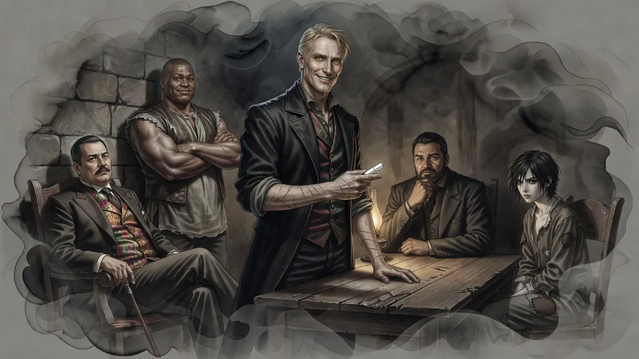 In a lamplit back room a grinning blond man holds up a small whitish metal bar while a portly gentleman with a cane, a muscular man in a sleeveless vest and a bearded man at the table watch, and a teenage girl sits apart in a corner.