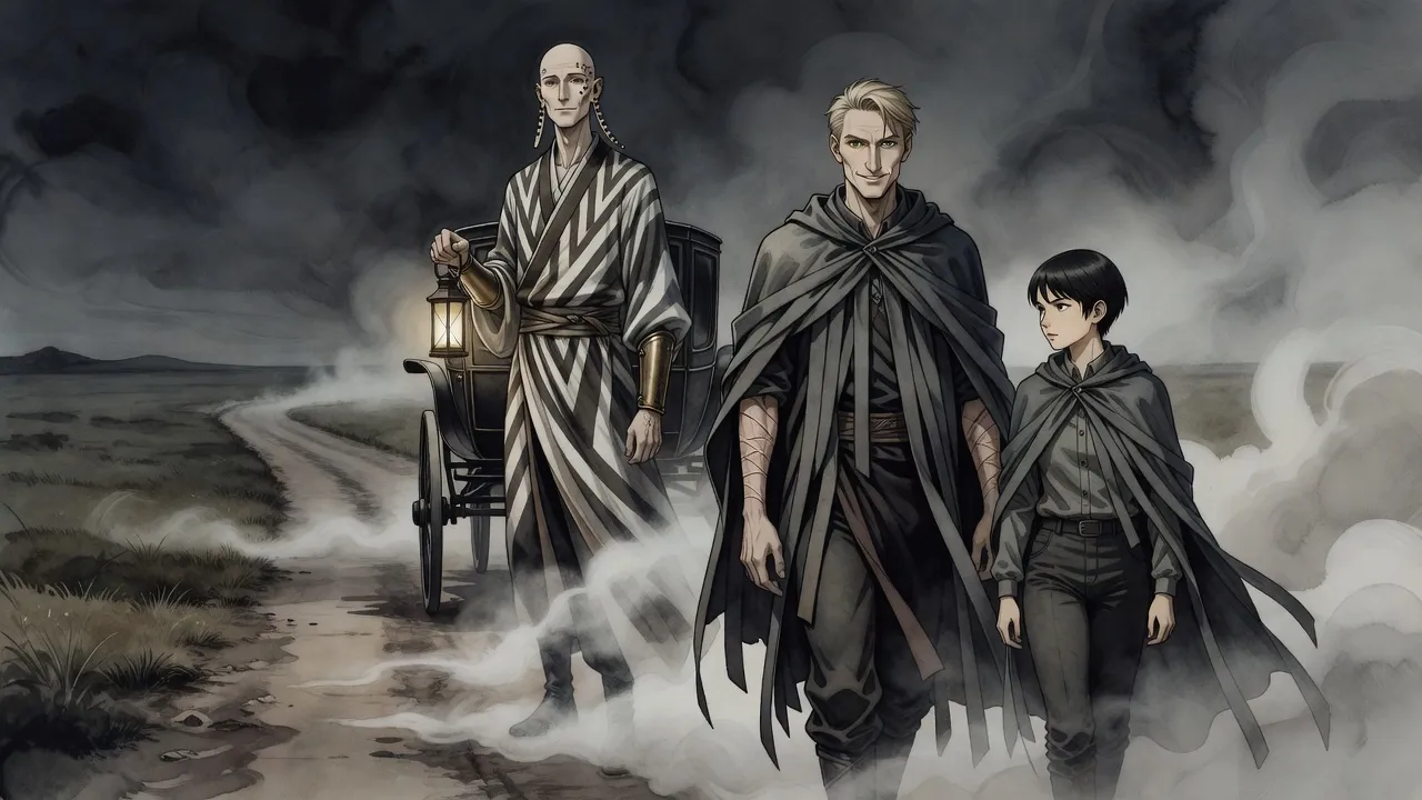 On a misty road at night a very tall bald man in striped robes waits beside a black carriage with a lantern as a man and a young woman in mistcloaks walk out of the fog, the young woman glancing back.