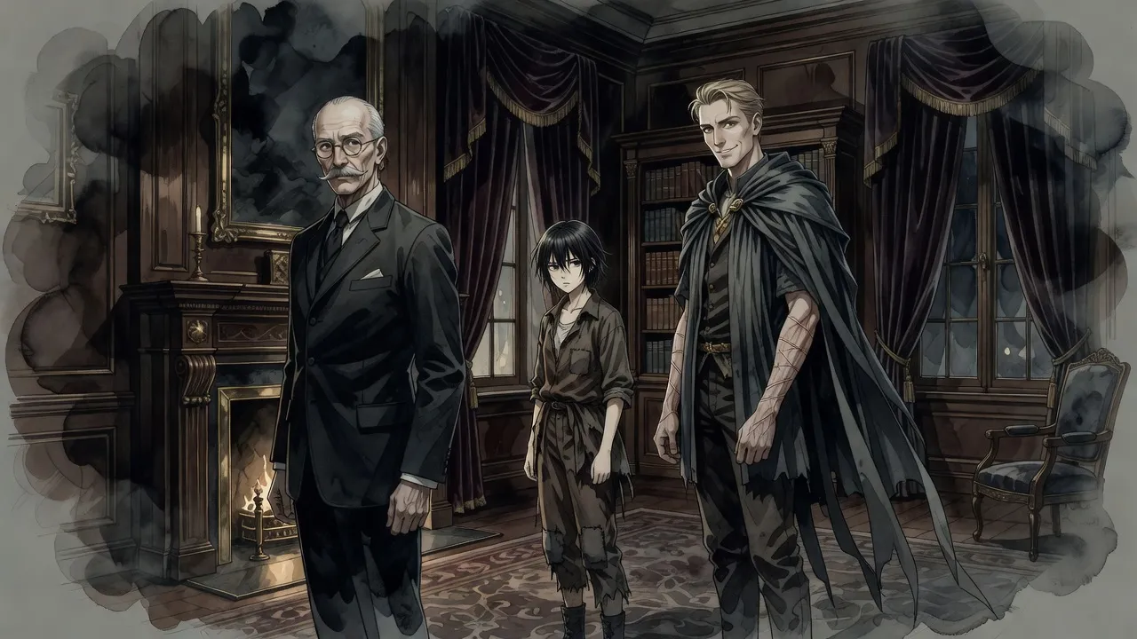 In a rich lamplit study a thin grey-mustached nobleman in spectacles appraises a wary teenage girl in drab clothes standing on a fine carpet, while a blond man in a mistcloak leans on a bookcase behind her, amused.