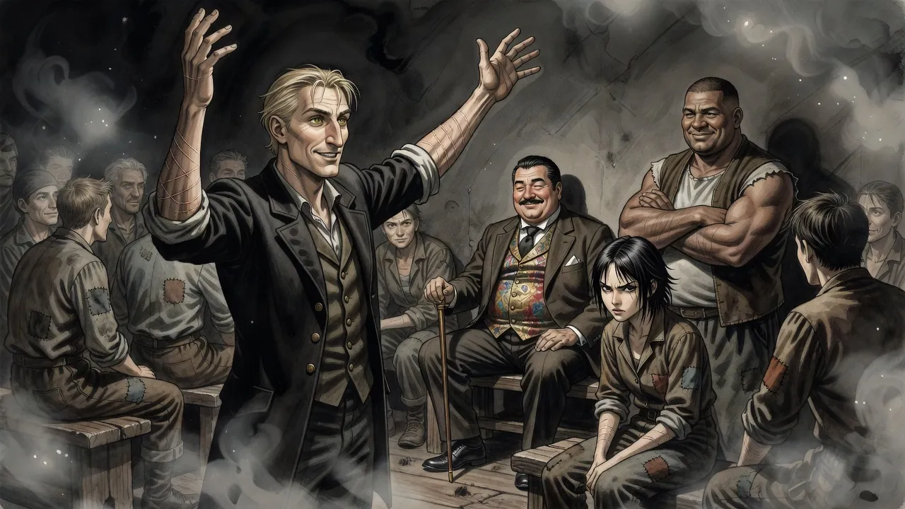 In a packed, lamplit room of skaa a blond man with scarred arms speaks passionately from a crate, while a portly gentleman, a muscular man and a teenage girl watch from the back wall.