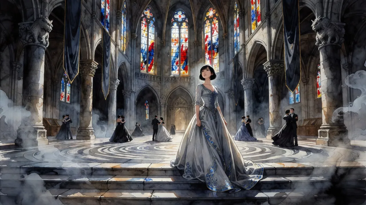 A young woman in a pale grey-blue ball gown stands at the top of a few steps at the edge of an immense cathedral-like hall, its tall stained-glass windows blazing with light, couples dancing far below.