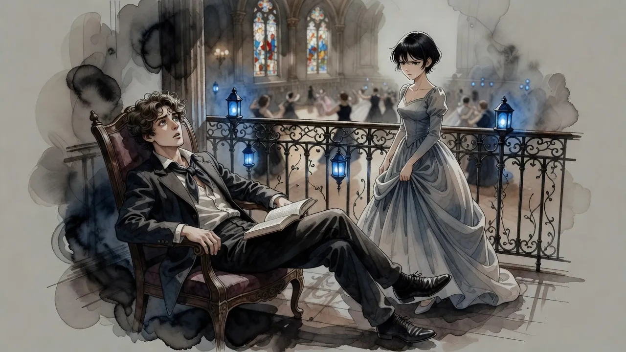 On a quiet balcony lit by small blue lanterns, a rumpled young nobleman sprawled in a chair with a book looks up in surprise at a guarded young woman in a ball gown.