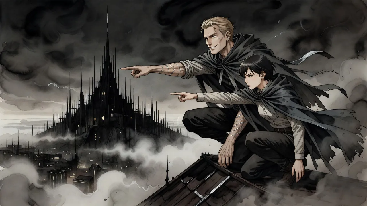 Two figures in mistcloaks crouch on a misty rooftop at night, the man pointing toward an immense black palace of needle-like spires across the fog.