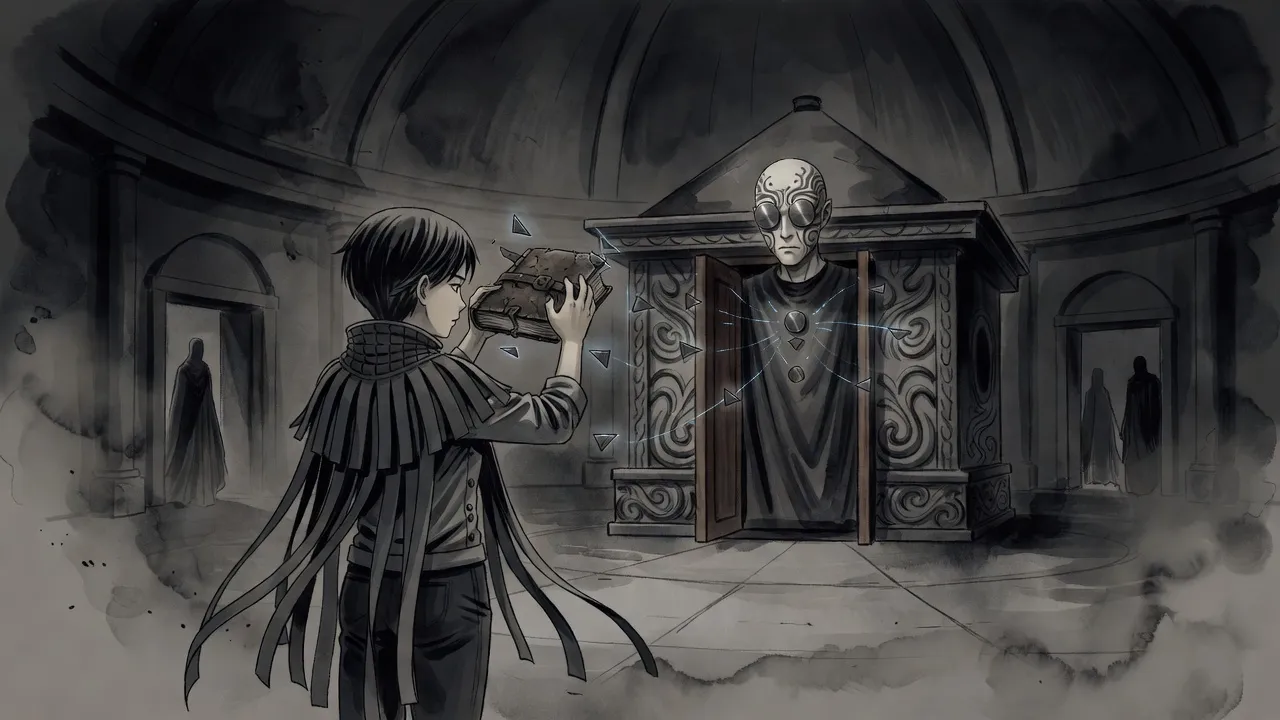 In a vast dim domed hall a young woman in a mistcloak holds up a thick leather-bound book as small metal triangles glance off it, facing a robed Inquisitor in the doorway of a small carved stone building.