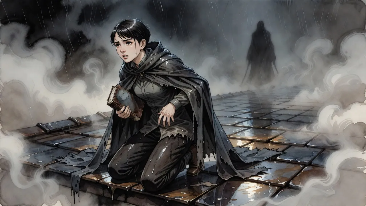 On a rain-swept rooftop at night a soaked young woman in a torn mistcloak half-kneels with one hand pressed to her side and a book clutched to her chest, looking back at a tall robed silhouette in the mist.