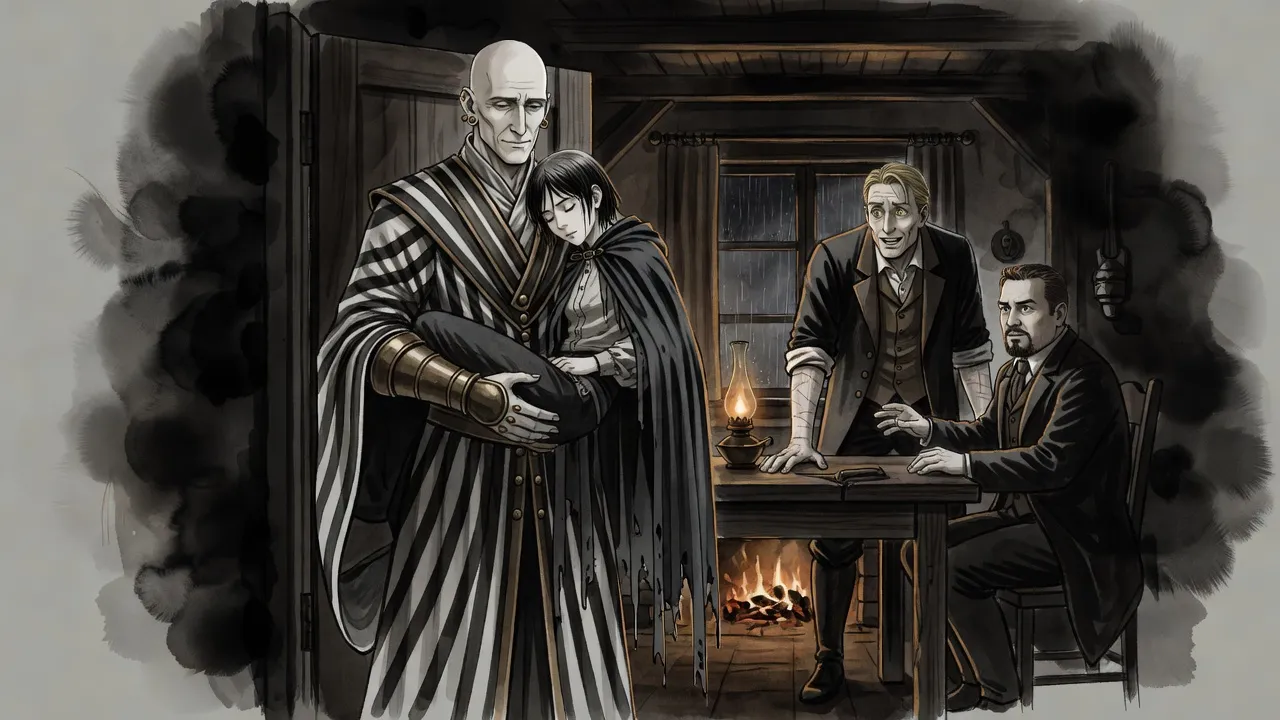 A very tall bald man in striped robes, soaked with rain, stands in a lamplit doorway carrying an unconscious young woman in a torn mistcloak, as a blond man turns in shock and a bearded man rises from his chair.