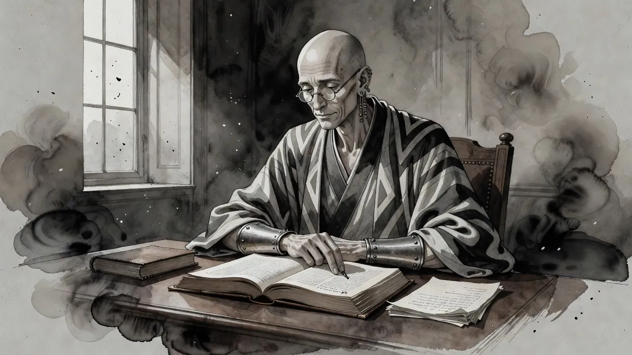 A very tall bald man in striped robes and small round spectacles sits at a broad desk by grey window light, bent over an old leather-bound book beside a sheaf of notes.