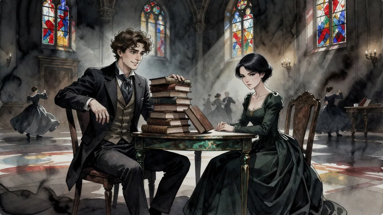 In a ballroom lit from above by stained-glass ceiling windows, a rumpled young nobleman drops a stack of books on a small table and sits down beside a startled young woman in a green gown.