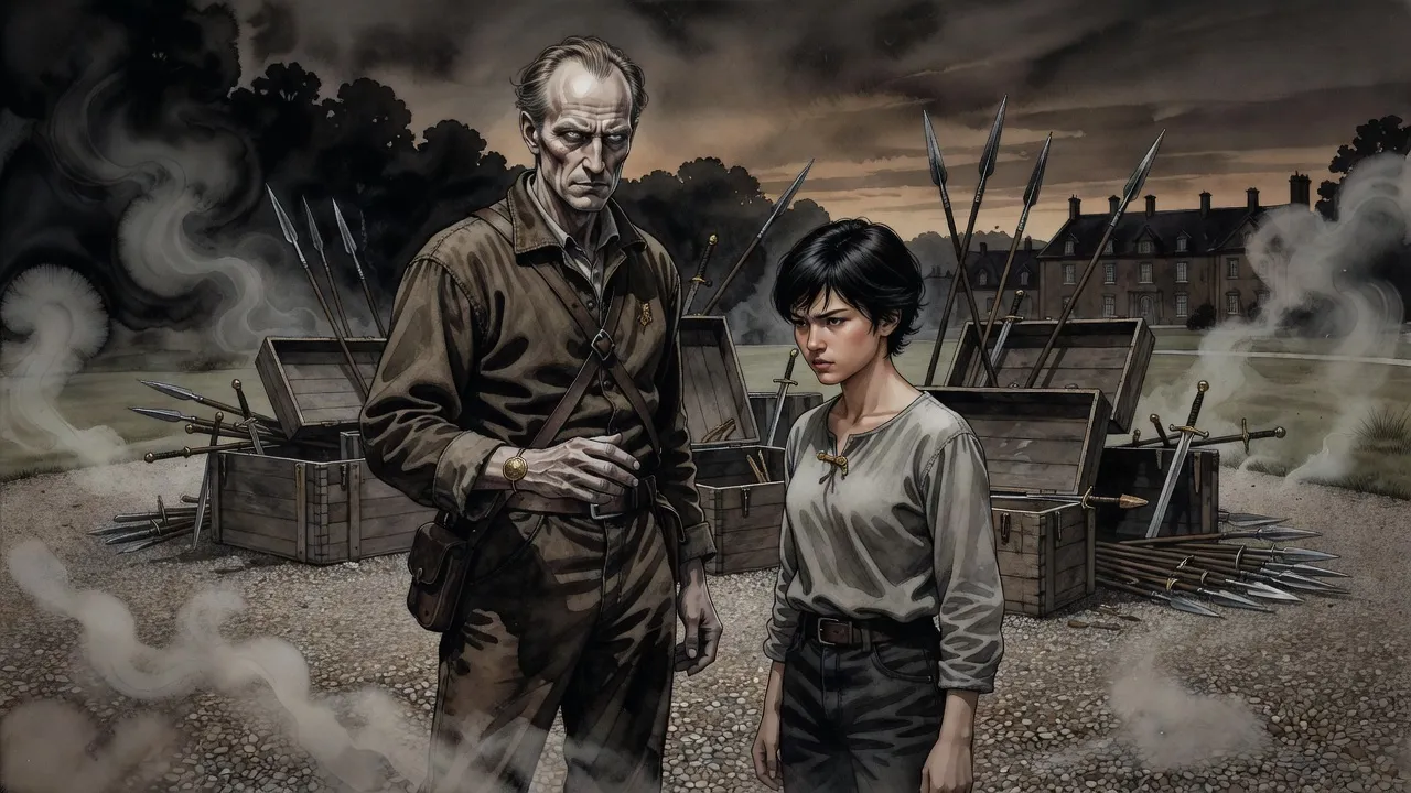 In a mansion forecourt with crates of weapons behind them, a gaunt, stern man with pale eyes raises a hand as if listening, while a young woman faces him with her eyes half-closed in concentration.