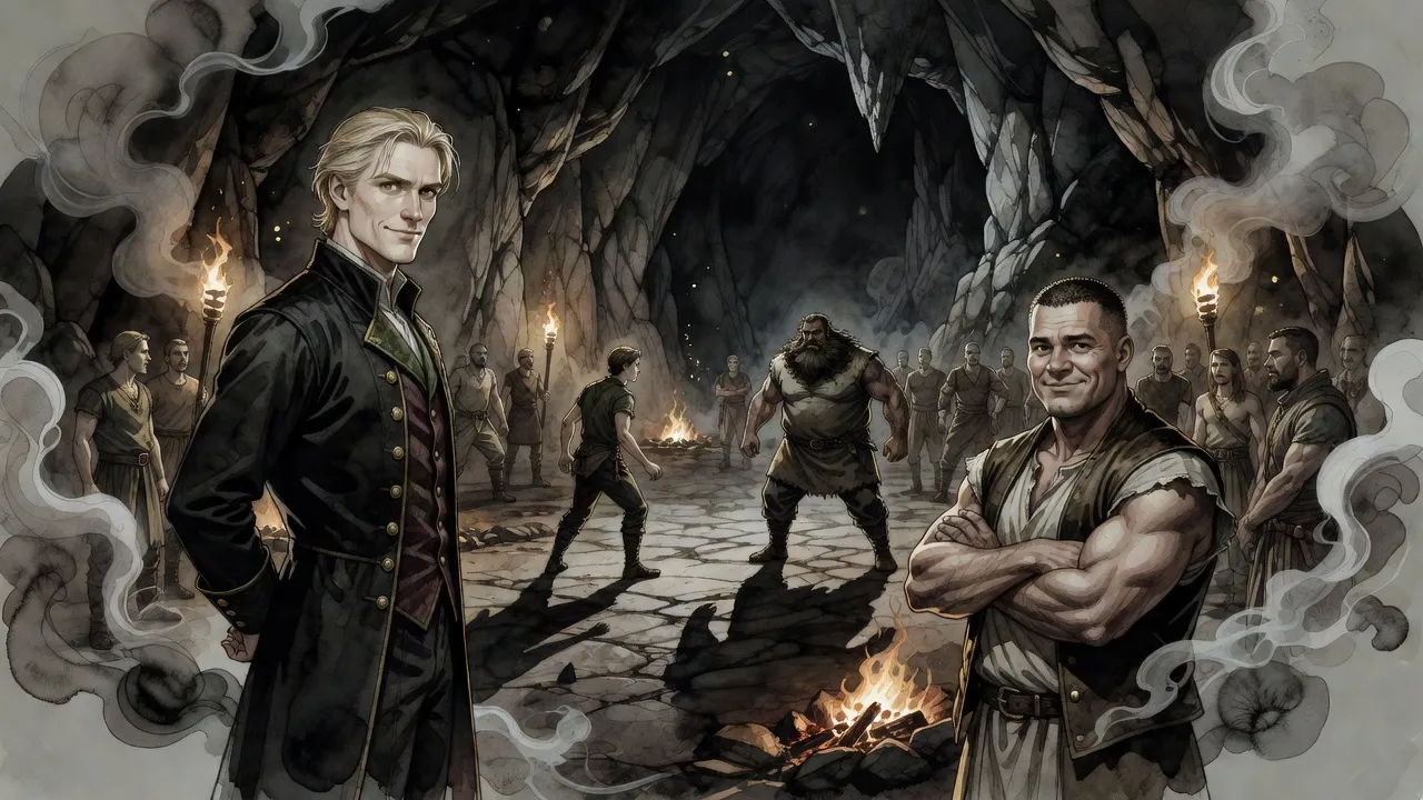 In a torchlit cavern a slight young recruit squares off against a huge swaggering one inside a ring of watching skaa, while a blond man with scarred arms and a muscular man watch from the edge.