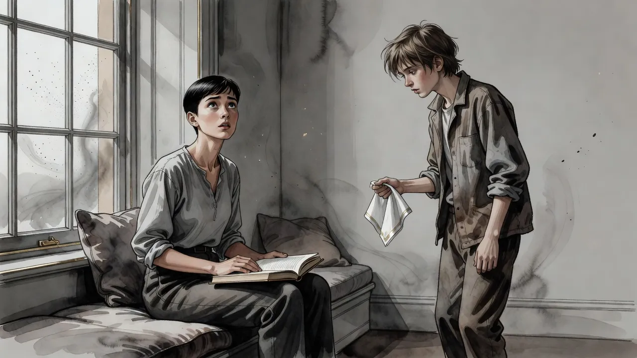 In a plain sitting room a young woman in a window seat looks up warily from a book at a gangly teenage boy who holds out a folded white handkerchief while staring at the floor.