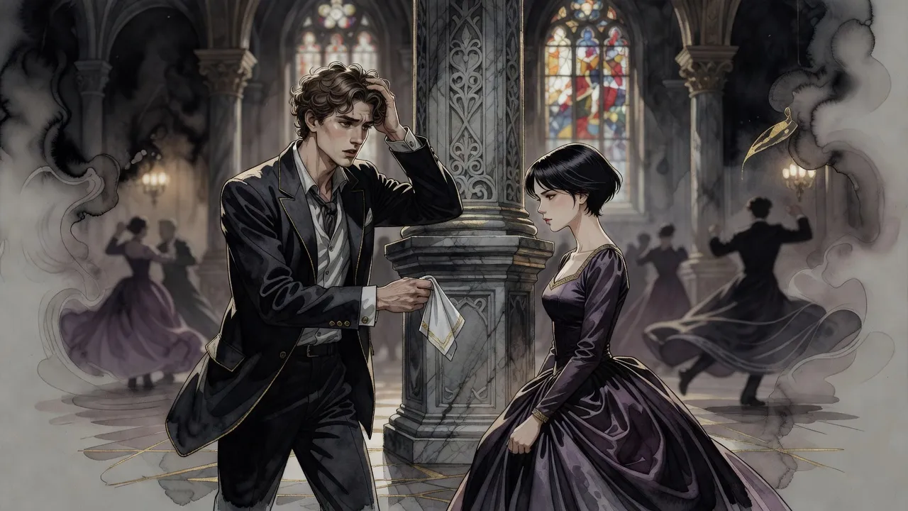Beside a stone pillar at the edge of a ballroom, an earnest young nobleman holds out a folded white handkerchief to a young woman in a dark violet gown who studies his face.