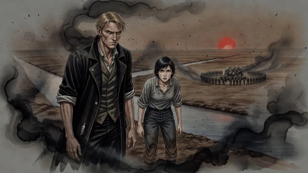 Under falling ash, a dusty blond man and a young woman stop on a low rise beside a canal, looking down at a ragged band of men surrounded by the ordered ranks of an army.