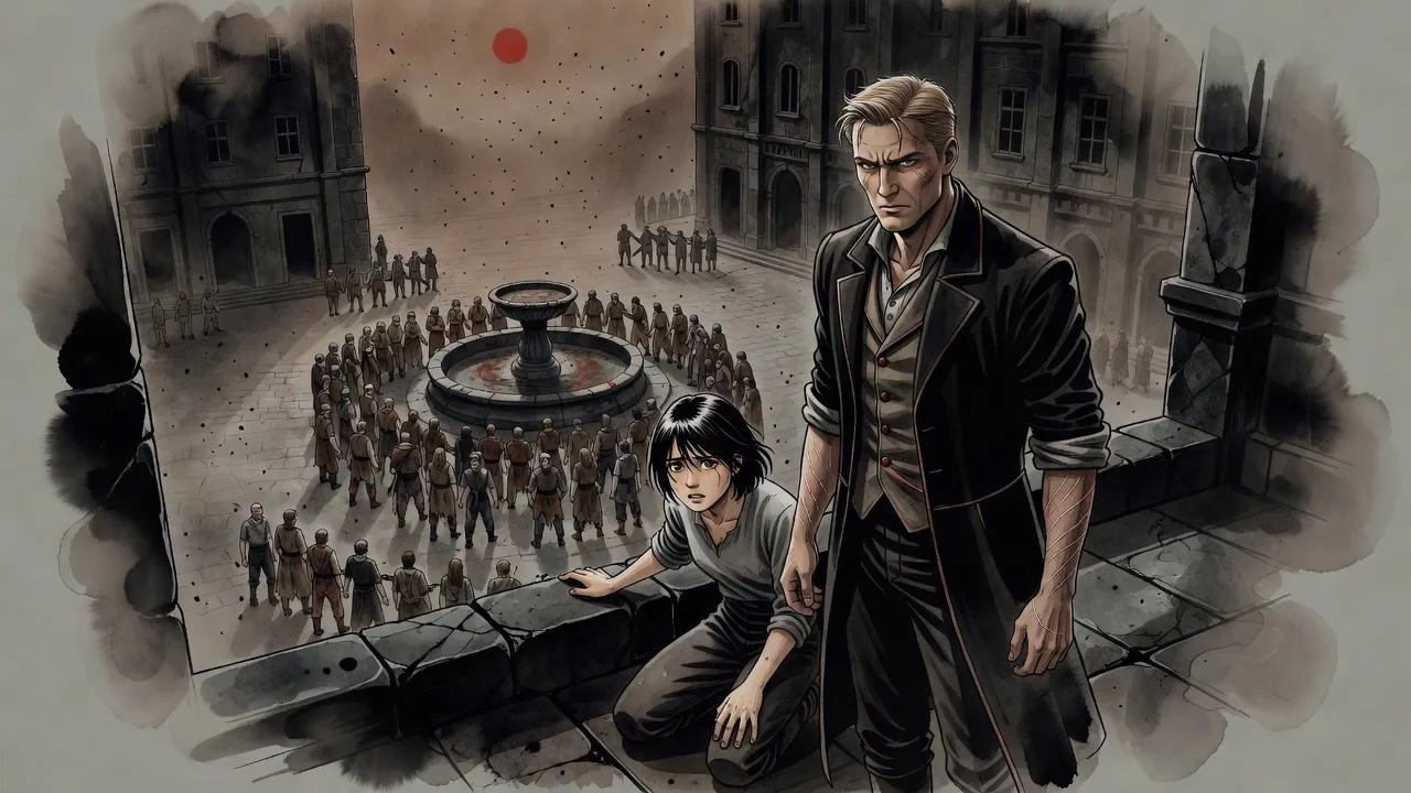 From a high rooftop under falling ash, a young woman kneels at the parapet staring down at a vast square with a fountain and a crowd held back by soldiers, a blond man standing grim beside her.
