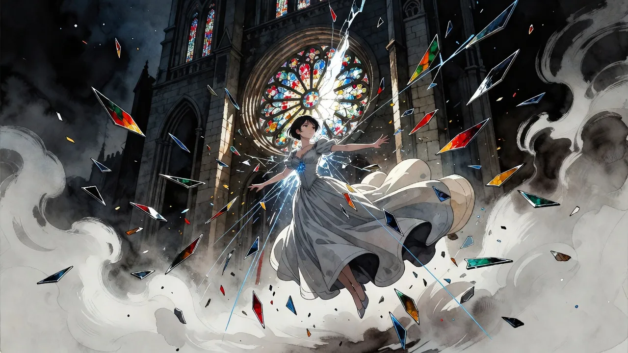 A young woman in a ball gown flies outward through a great round stained-glass window into the night mist, shards of coloured glass spinning around her.