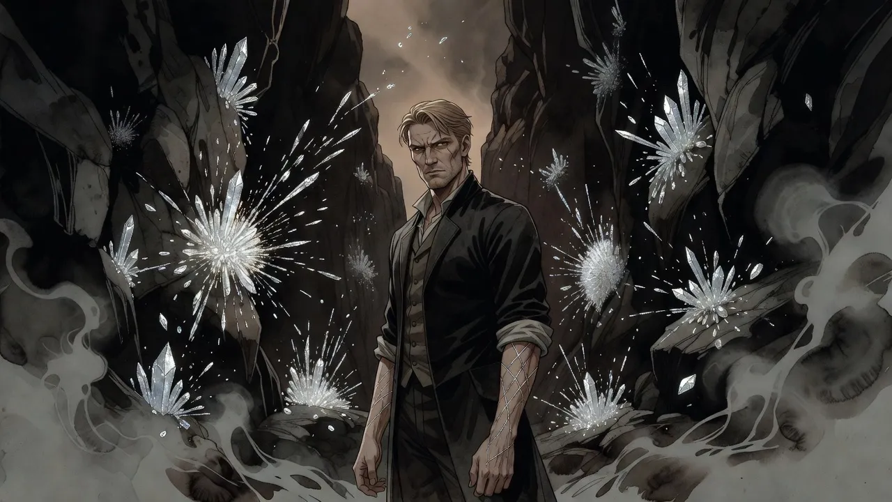 At the bottom of a narrow rock gorge a lone blond man with scarred forearms stands amid bursting clusters of glittering crystal, his face hard.