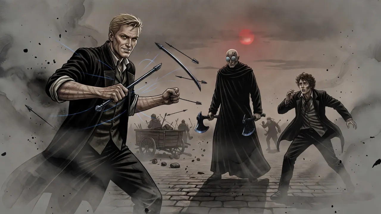 In a square under falling ash a blond man stands braced as two iron bars spin in the air before him, knocking arrows aside, facing a robed Inquisitor with two obsidian axes, a rumpled young nobleman stumbling back behind him.