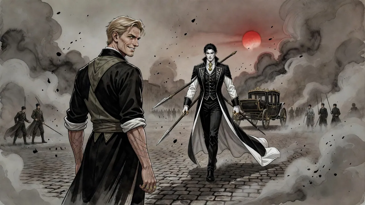 In a square under falling ash a tall pale man in a black-and-white suit with two spear shafts jutting from his chest walks calmly toward a blond man who stands his ground, smiling.