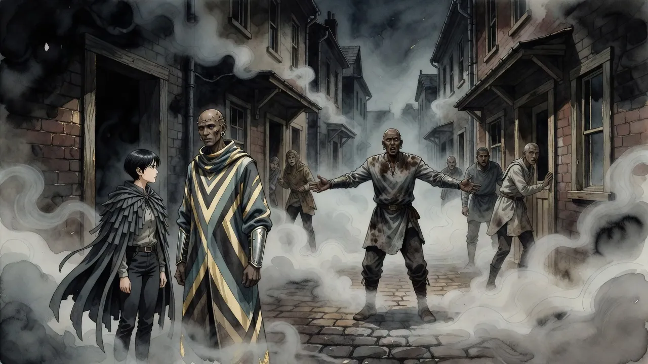 On a misty tenement street at night a skaa man with arms spread calls to frightened neighbours stepping out of their doorways, while a young woman in a mistcloak and a tall robed man watch from an alley mouth.
