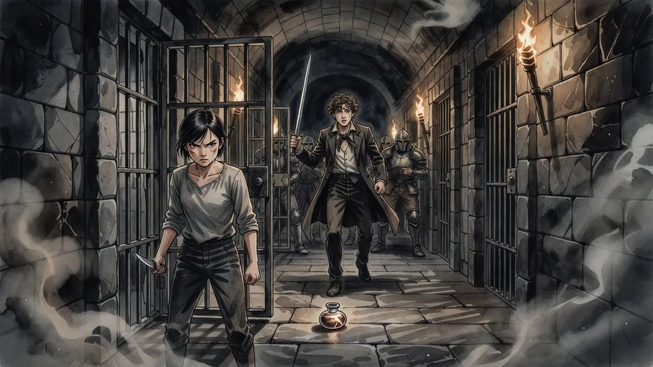 In a torchlit dungeon corridor a bruised young woman with a small knife stands in an open cell door as a rumpled young nobleman bursts in at the far end with a few armoured guards.