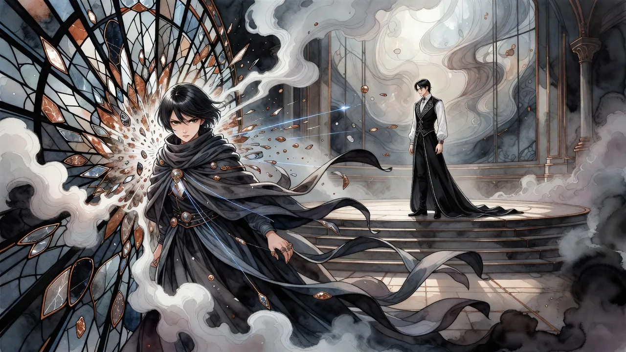 A young woman in a flaring mistcloak bursts into a vast round throne room through a wall of stained glass in a storm of coloured shards, while a tall pale man in black and white turns on the dais to watch.
