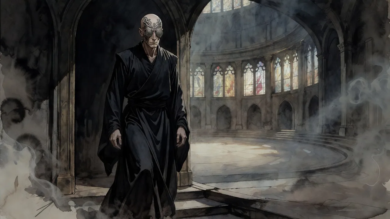 A tall, gaunt bald Inquisitor in grey robes, steel discs in his eye sockets, steps alone through a dark doorway into a vast throne room lit by coloured light.