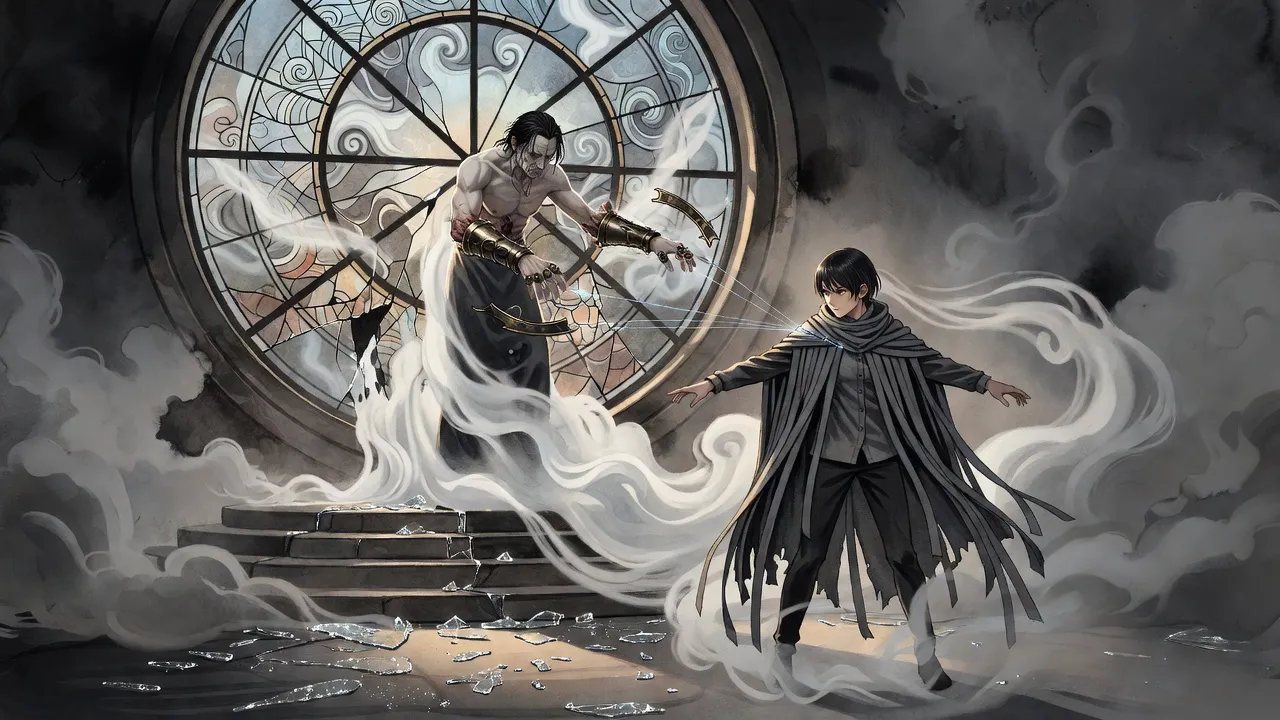 In a glass-strewn throne room a tall man stripped to the waist, suddenly aged, staggers as two metal bracers fly from his arms, while a young woman with arms flung wide draws the mist into herself.