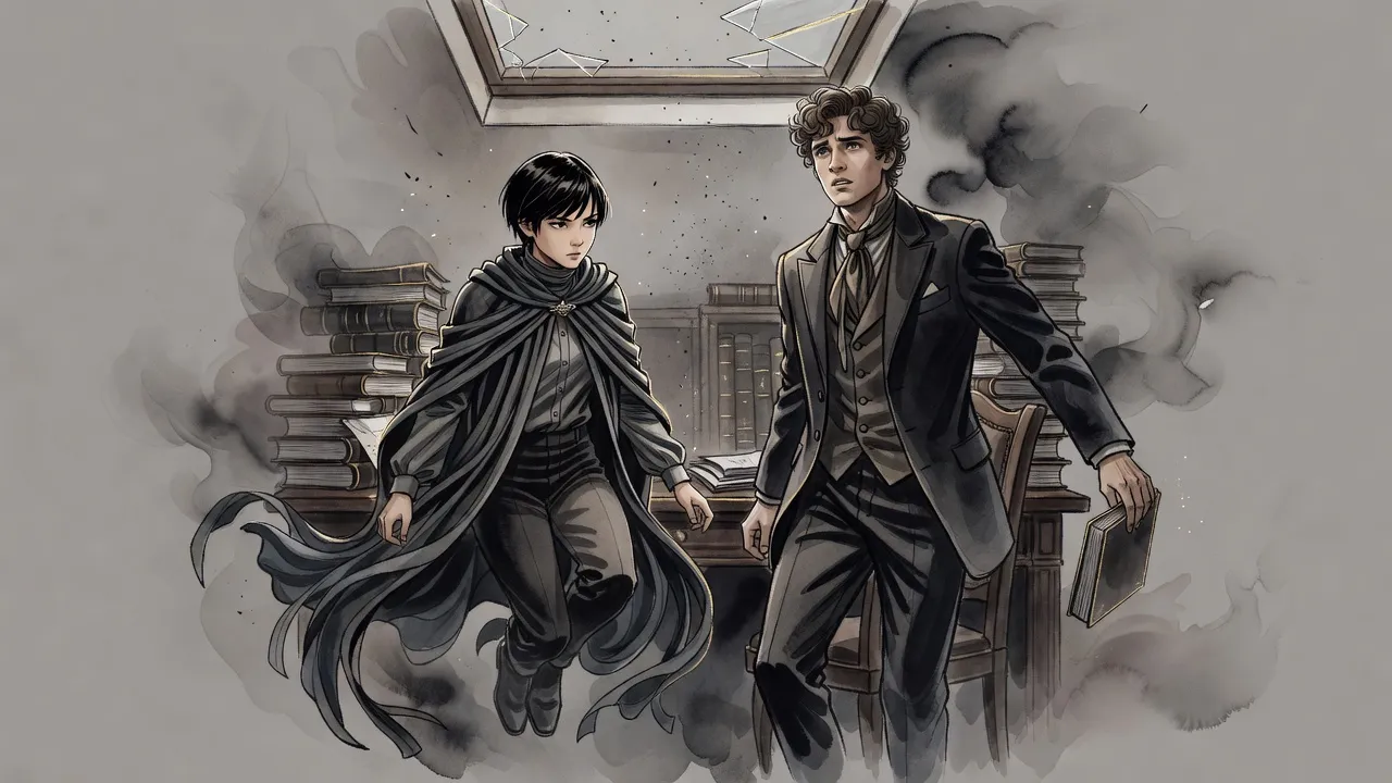 In a book-cluttered study a young woman in a mistcloak has just dropped through a broken skylight, and a rumpled young nobleman rises from his desk, the two of them a step apart, looking at each other.