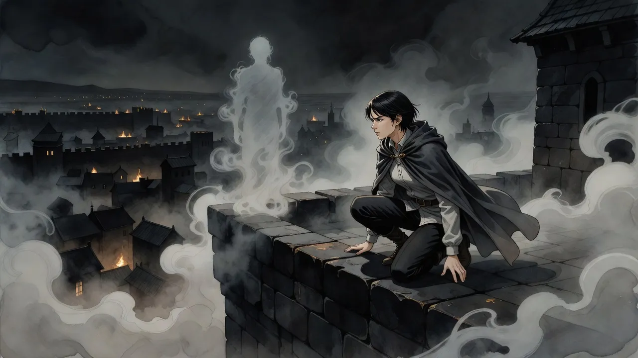 A young woman in a tasselled cloak crouches on a rooftop in thick night mist, staring at a man-shaped figure made of mist a few paces away, with campfires glowing beyond the city wall.