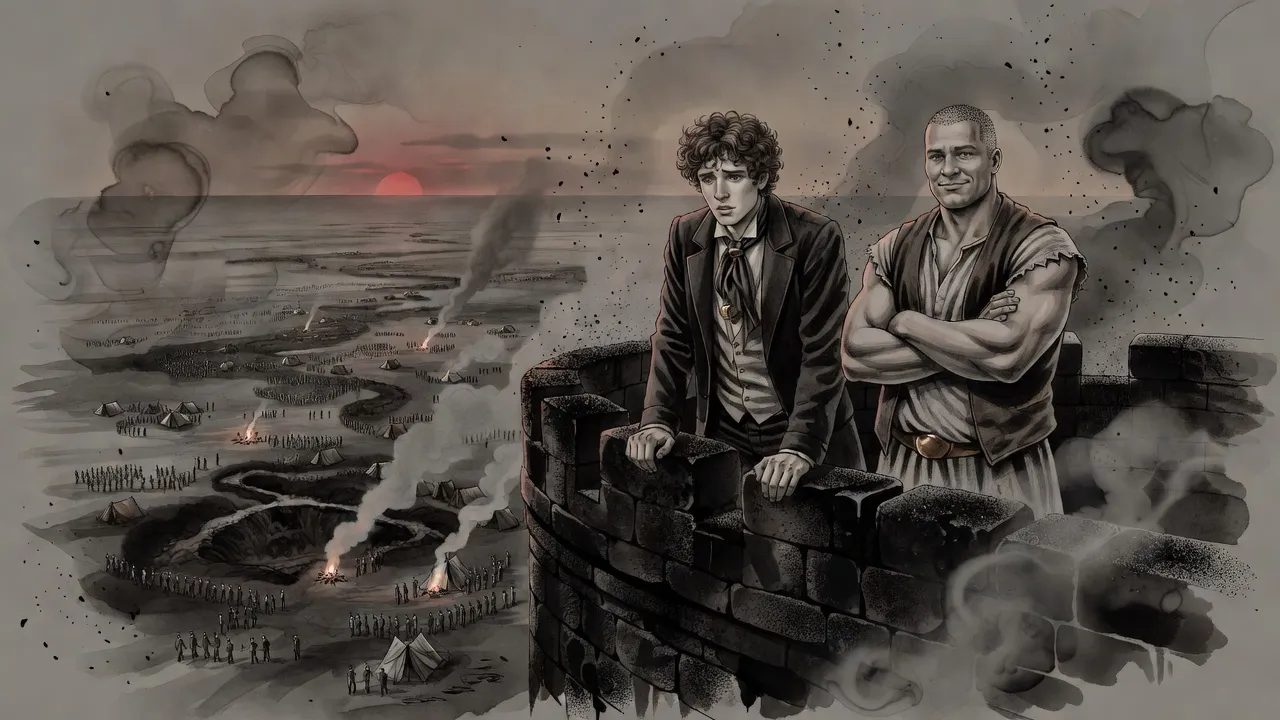 Two men stand on a city wall at dusk looking out over a vast army camp spread across the plain.