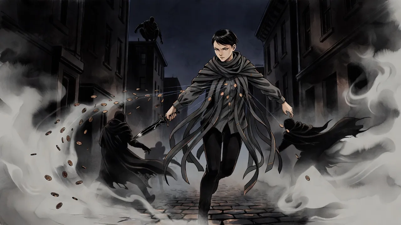A young woman in a tasselled cloak twists through night mist as a spray of coins streaks toward her and dark figures close in.