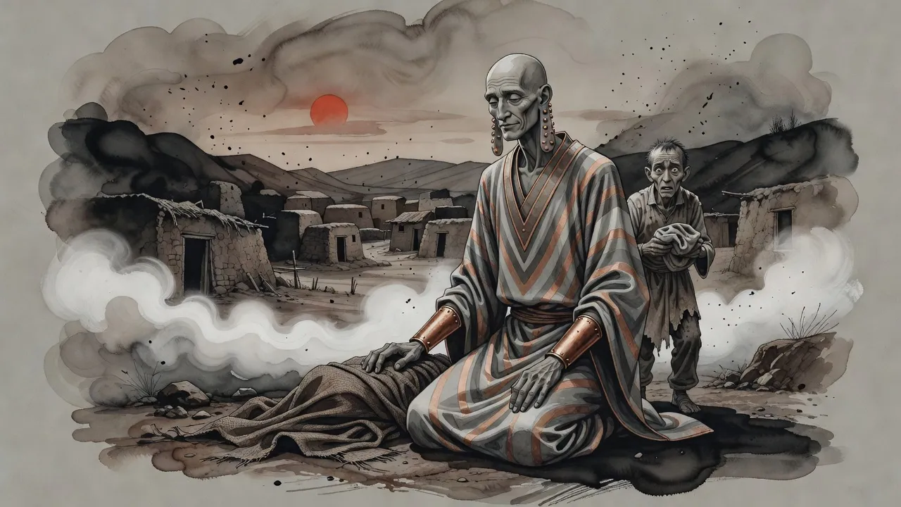 A tall bald man in striped robes kneels by a covered body in a poor village while a frightened man watches and pale mist lies in a hollow by day.