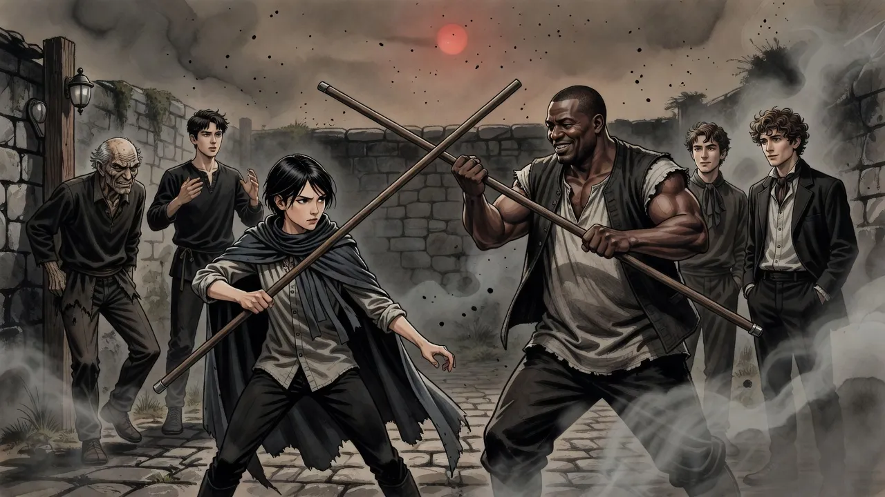 A small young woman and a big muscular man circle each other with wooden staves while a few men watch from the edge of a stone yard.