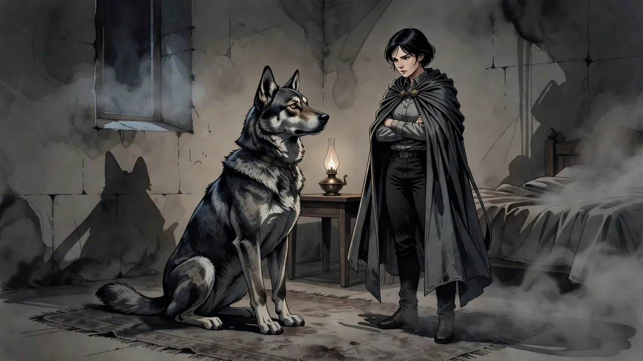 A huge grey wolf-like dog sits bolt upright on a rug while a young woman in a tasselled cloak studies it with folded arms.