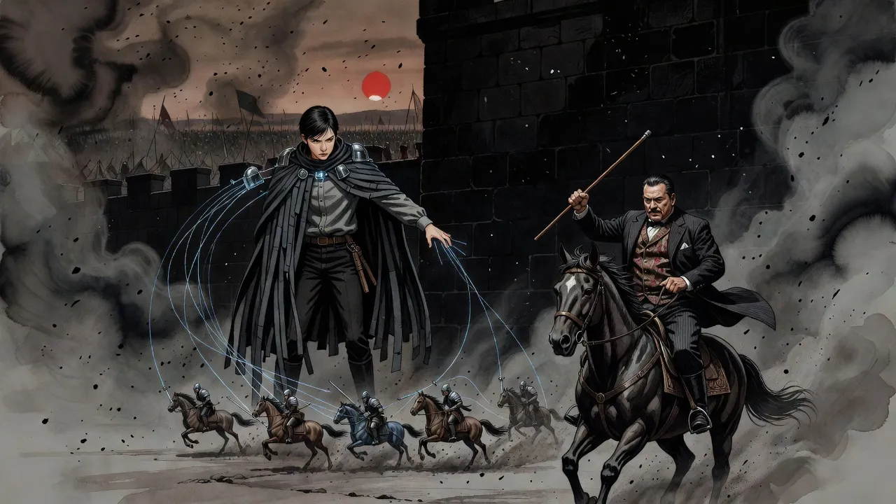 A young woman on top of a black city wall thrusts out her arm, and glowing blue lines hurl pursuing horsemen backward as a portly rider gallops toward the gate.