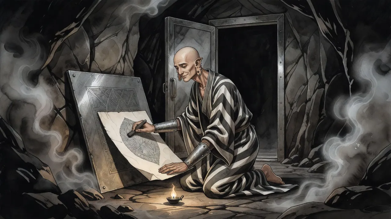 A tall bald man kneels by lamplight in a rough rock chamber, rubbing charcoal over a sheet of paper pressed against a large engraved steel plate.