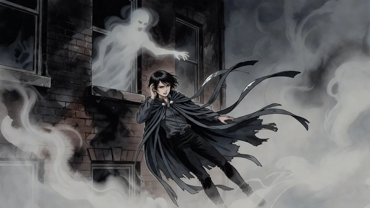 A young woman in a tasselled cloak tumbles backward out of a dark upper window into thick night mist while a figure made of mist leans out after her.